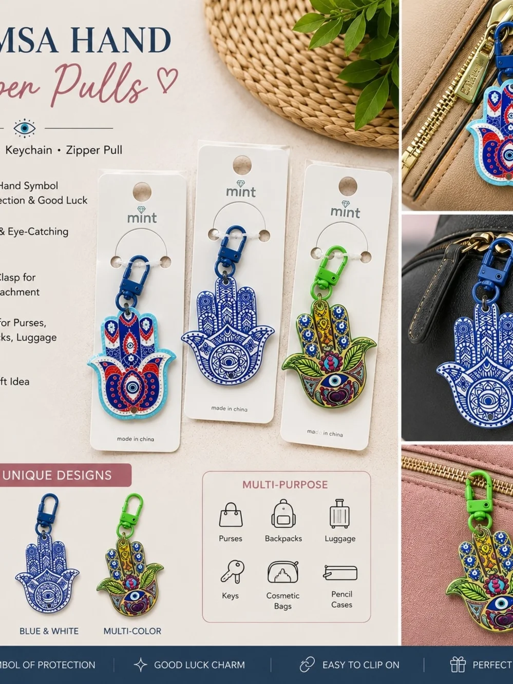 Mint Blue & Multi Hamsa Hand Keychain Set with Clips